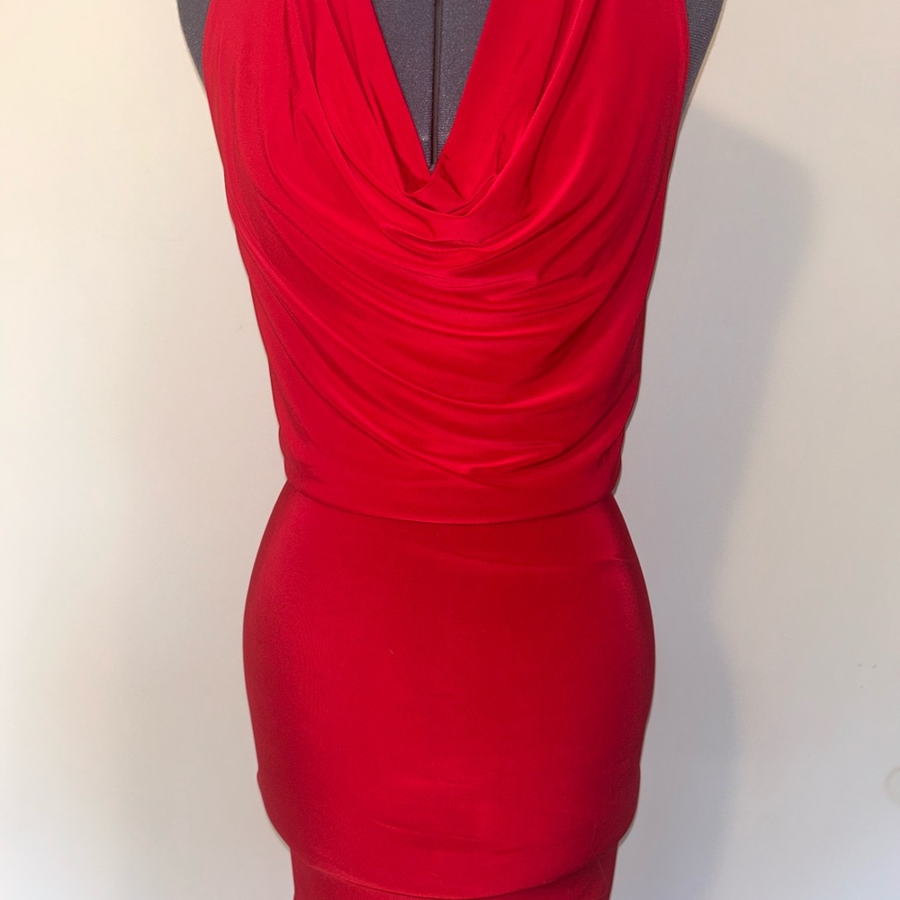 Red Ruched Bodycon Dress with Cowl Neck